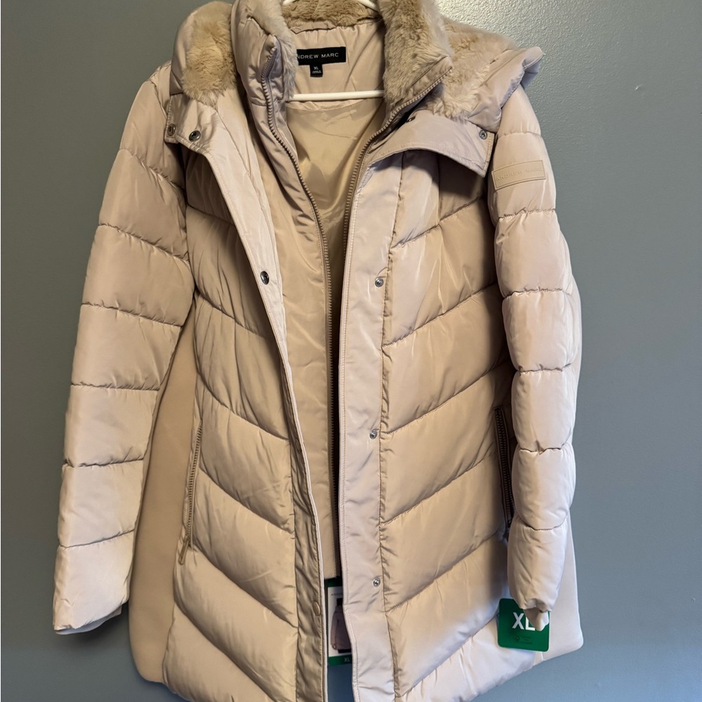 Andrew Marc Beige Puffer Coat with Faux Fur Collar
